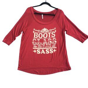 Country Western Graphic Tee Womens Large Burgundy Boots Class Sass